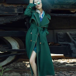 Donkergroene Windjack Vrouwen Retro Polo Revers Britse Double-Breasted Overjas Eenvoudige Mode Riem Slanke Lente Herfst Trenchcoat