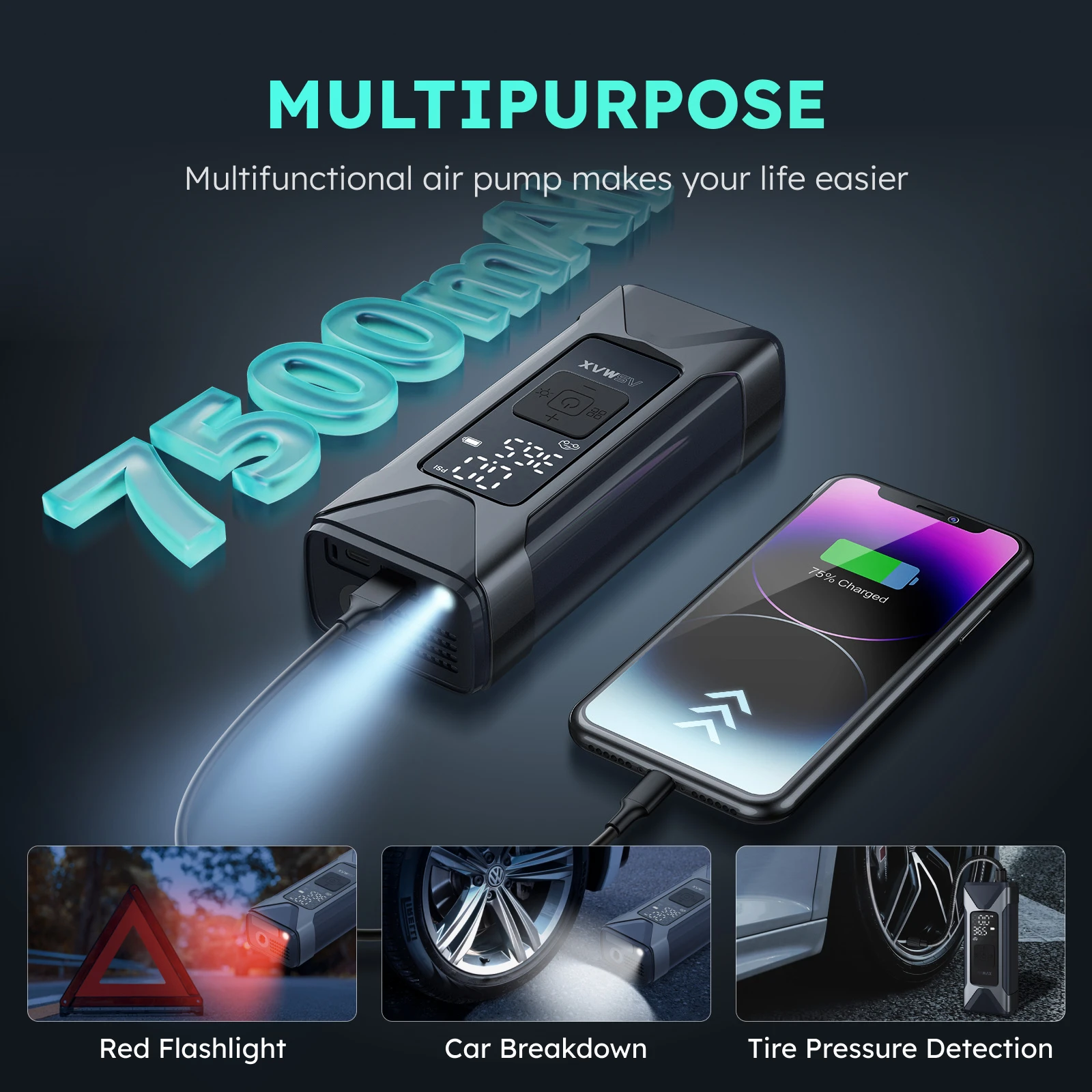 Afbeelding 7: ASMAX T10 Luchtpomp Mini Draagbare 7500mAh Elektrische Luchtcompressor Treasure 160PSI Type-C LED Multitool Opblaaspomp voor Auto Motor