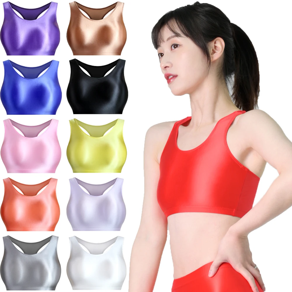 

Summer Women's Sexy Glossy Oil Tops Sports Tights Sleeveless Tank Fitness Vest Camisole Yoga Pullover Round-Neck Blouse T-shirts