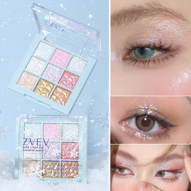 Paleta de sombras de ojos de copos de nieve de nueve colores, Perla fina, brillo, contorno de ojos, paleta de maquillaje de ojos, paleta compacta de oro champán