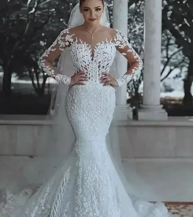 Customized Hot Sale Tube Top V Neck Sexy Fashion Bridal Lace Long Sleeve Fishtail Trailing Custom Wedding Dress 2023