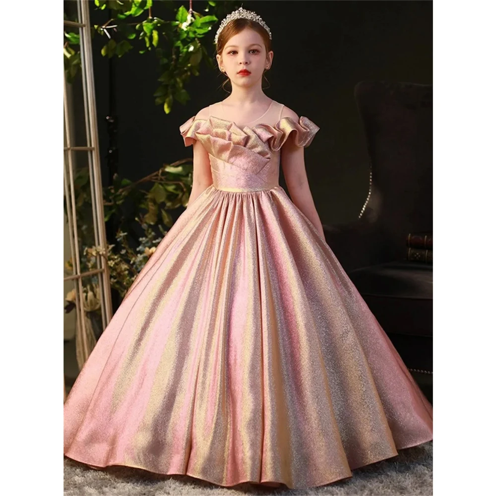 

Princess Pink Shiny Flower Girl Dresses Wedding Elegant Prom Ball Pageant Gown Kids Birthday Party With Bow First Communion Wear