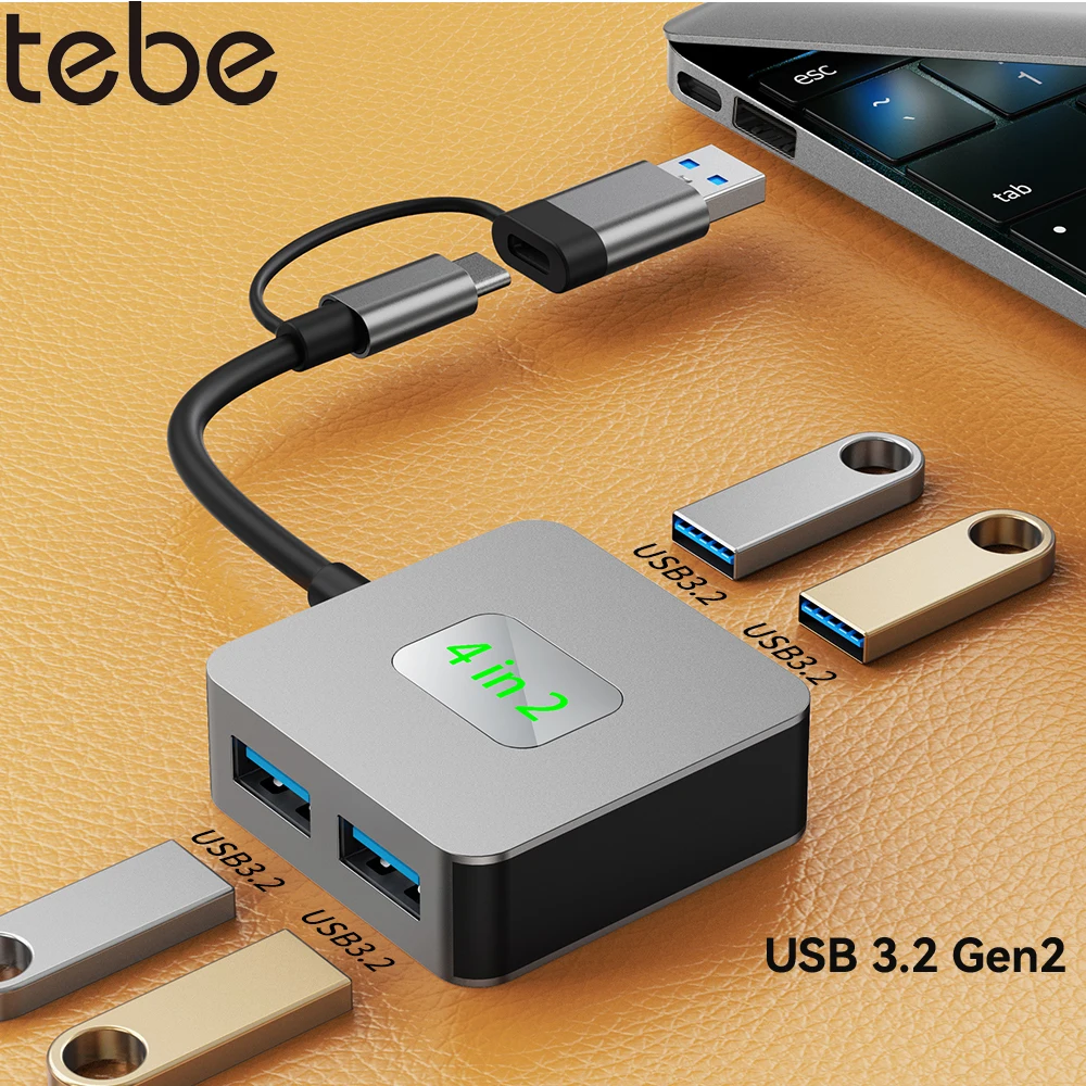 Tebe 4 IN 2 USB-A+USB-C Hub 4-Port 10Gbps USB 3.2 Gen2 Splitter Type C Multiport Adapter for Macbook Pro Air