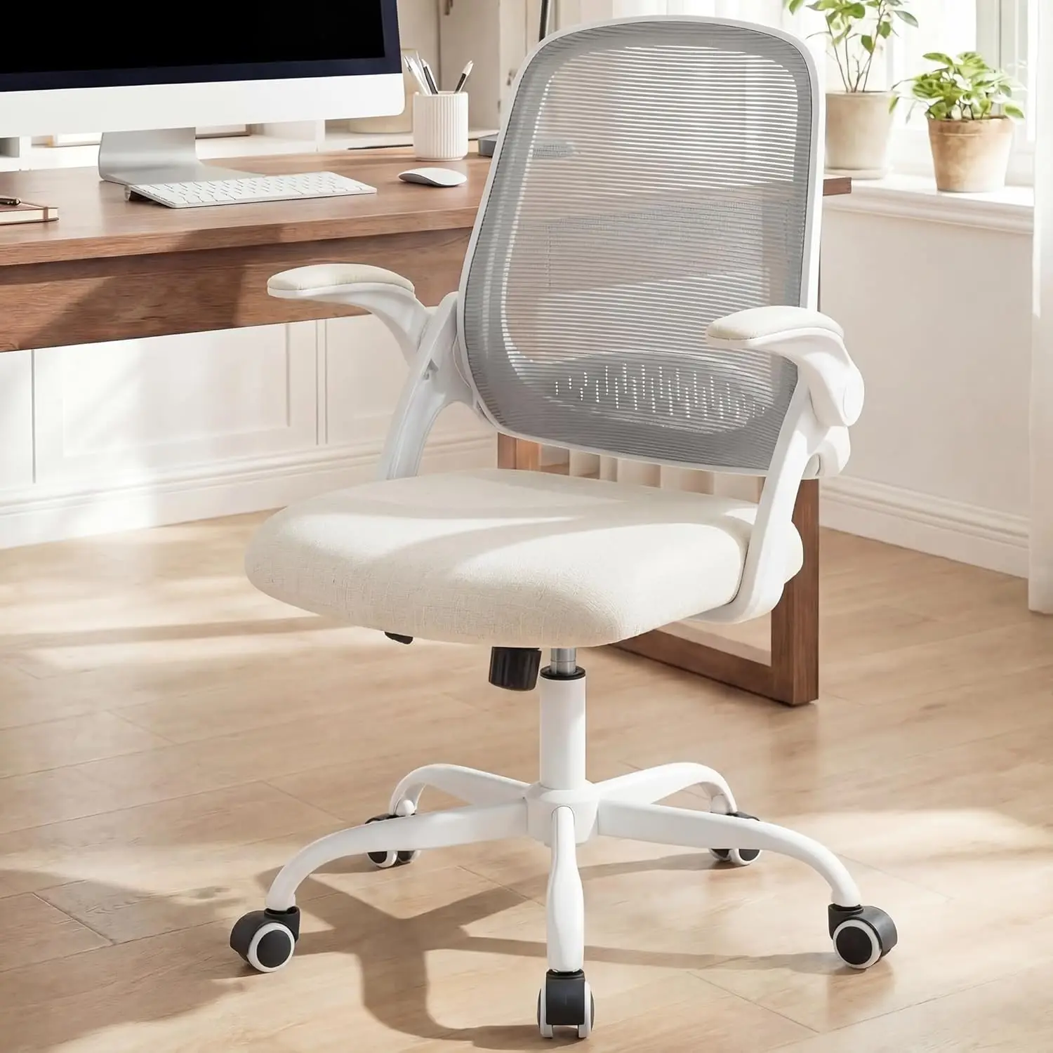 

Ergonomic Mesh Office Chair with Flip-up Arms, Lumbar Support, Adjustable Height, Rolling Wheels for Home Office (Ivory)