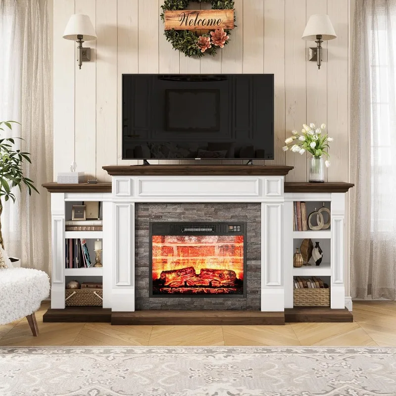 

70" Electric Fireplace with Mantel, Fireplace TV Stand for TVs Up to 80 Inch, Farmhouse Entertainment Center with Storage