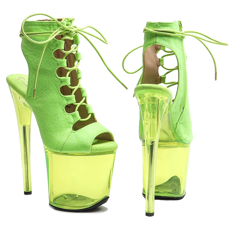 Leecabe  20CM/8inches  Glitter upper  Trend fashion Open Toe  transparent Green color High Heel   Pole Dance boots