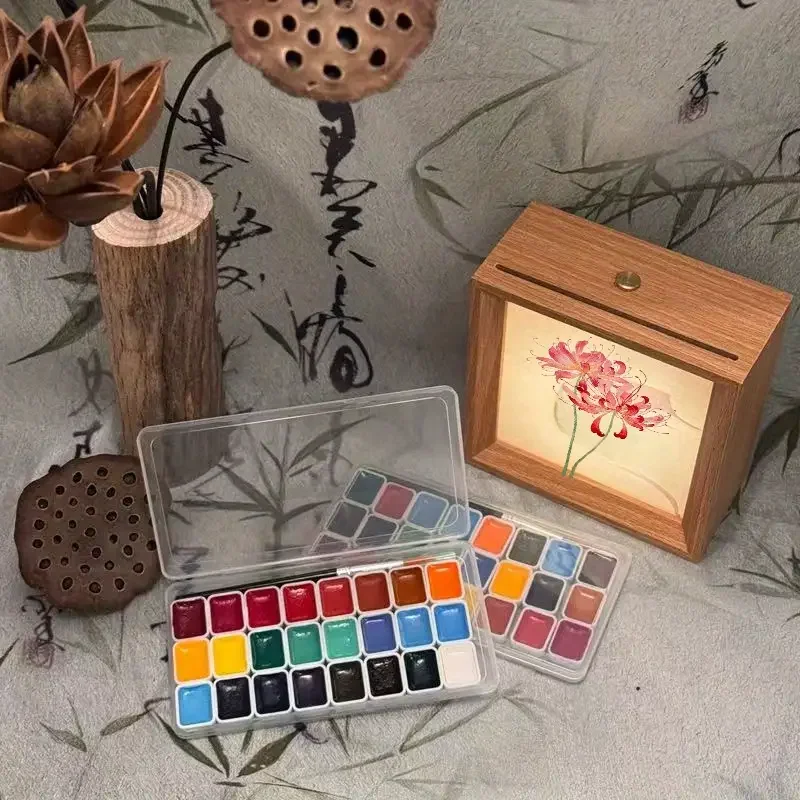 طقم طلاء صلب بألوان مائية مكون من 24 لونًا في صندوق محمول للرسم والكتابة DIY للمبتدئين والفنانين والكبار في عيد الميلاد