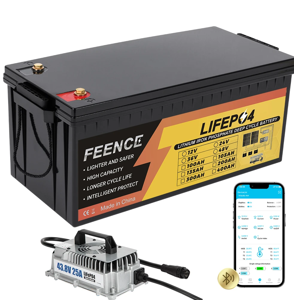 

36V 100Ah Golf Cart LiFePO4 Lithium Battery 200A BMS Max. Power 8.06kW and43.8V 25A Charger for Golf Cart RV Trolling Motor