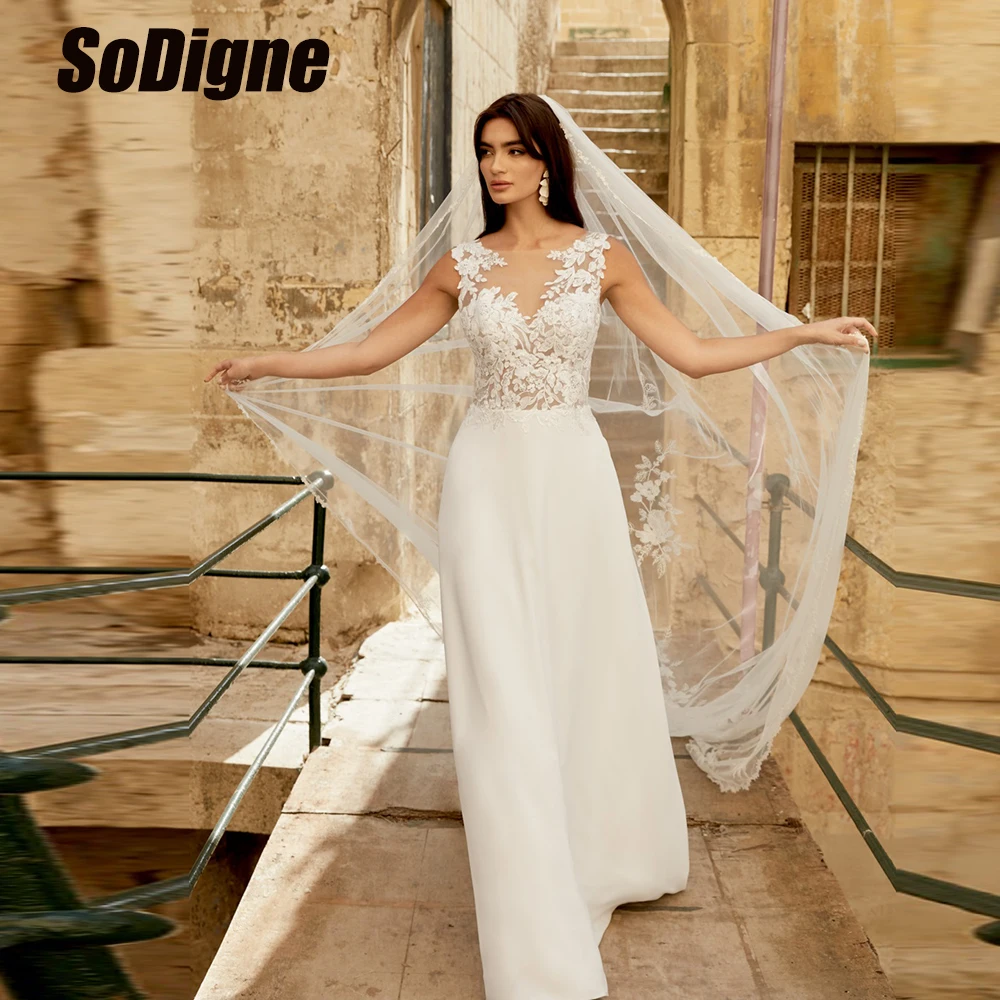 

SoDigne A-line Satin Appliques Wedding Dresses Sleeveless O-neck Bride Dress Long Wedding Gown vestidos de novia Customized