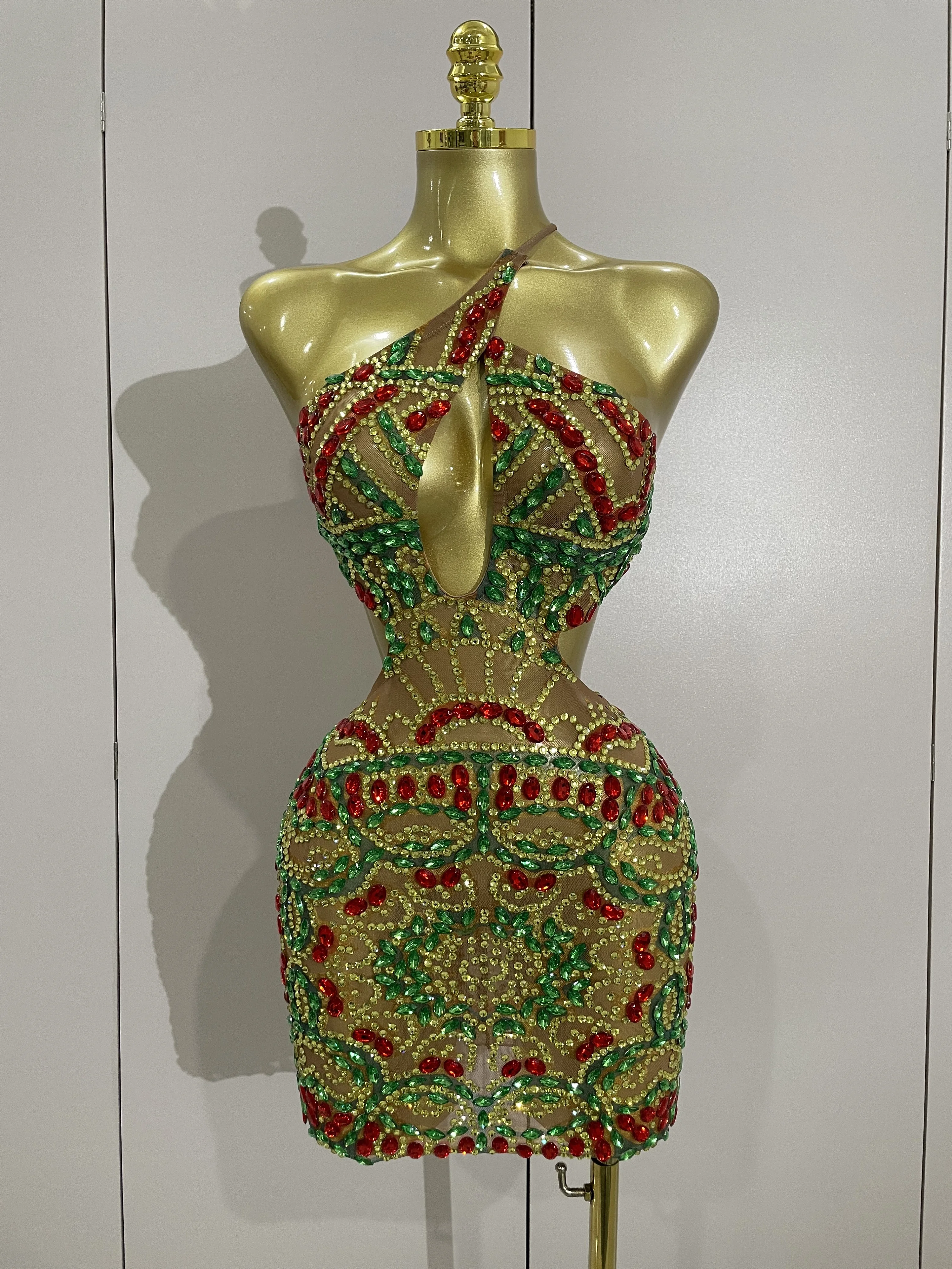 Vestidos de festa de aniversário de luxo brilhante colorido strass sexy oco para fora malha mini vestido feminino noite dj boate palco wear