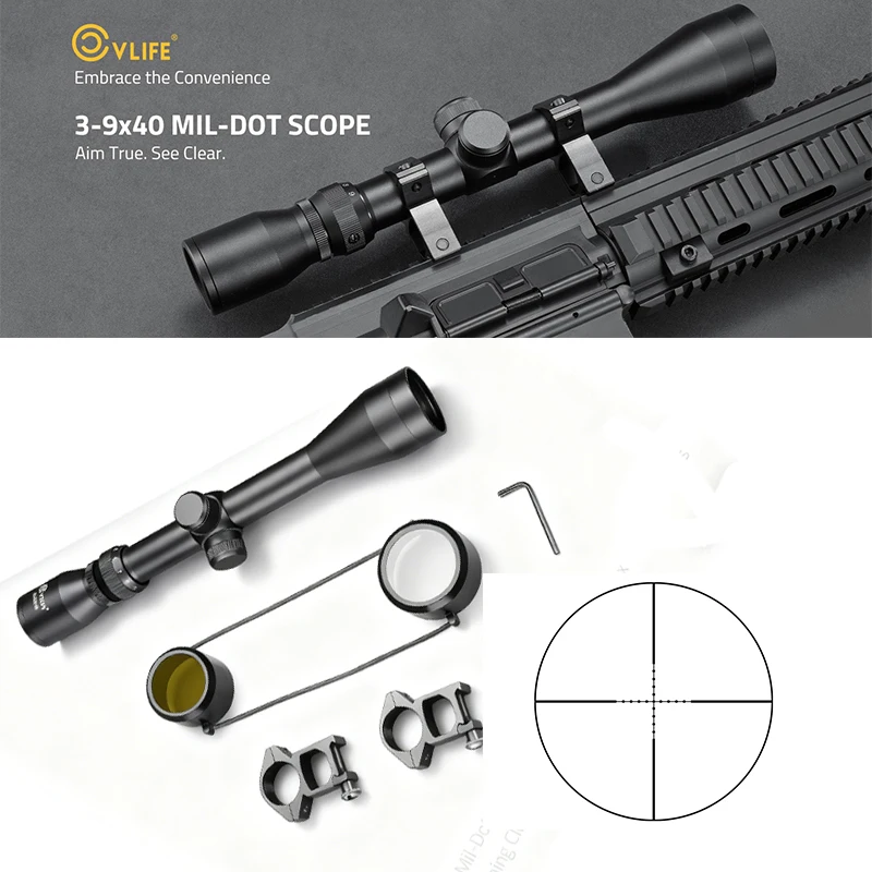 

CVLIFE 3-9X40 R4 Rifle Scope Optics Mil-dot Reticle Riflescope Sights with 1inch Tube Rings for ‎‎20mm Picatinny for Hunting