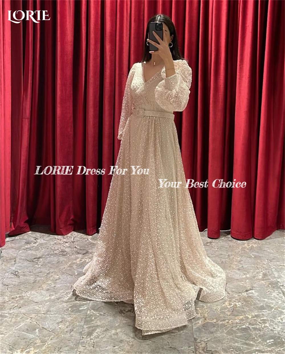 LORIE White Dot Formal Prom Dresses A-Line V-Neck Puff Sleeves Backless Evening Dress Lace Up Back Floor Length Party Gowns 2023