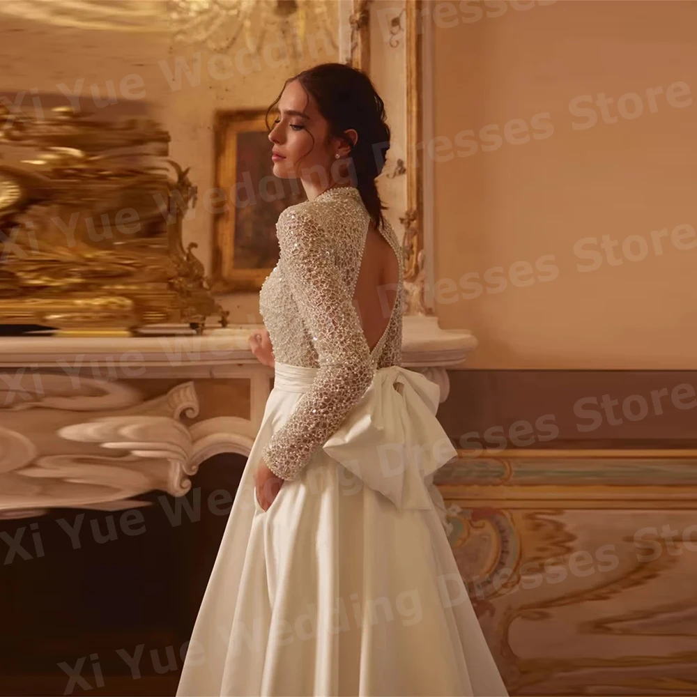 Brilhante uma linha feminina alta pescoço sem costas vestidos de casamento novia manga longa rendas vestidos de noiva personalizado robe de mariée