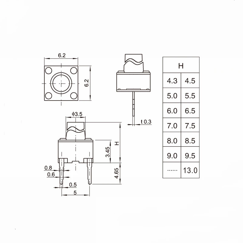 1000PCS Middle 2pin 6*6*4.3/4.5/5/6/7/8/9/10/11/12MM tactile switch straight-through middle two-pin button
