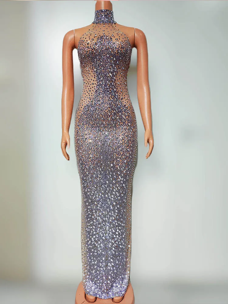 High Quality Rhinestone Sexy Neck Hanging Elastic Dress 2024 New Fashion Custom Women'S Clothing