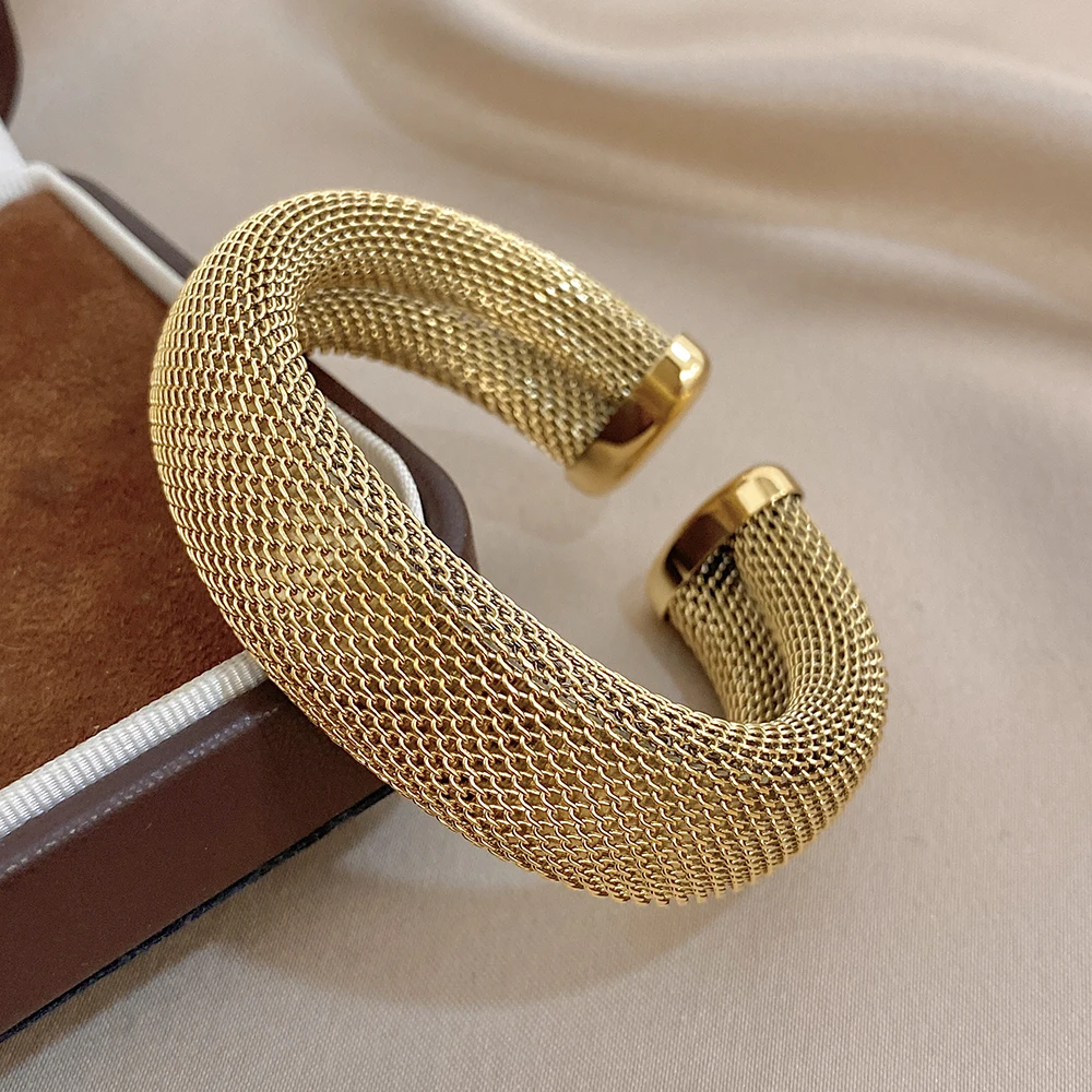 Greatera 18 mm breites Mesh-Gewebe-Edelstahl-offenes Armband, einfache dichte Linie, geprägter, klobiger europäischer und amerikanischer Armreif-Schmuck