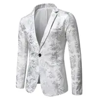 Men's Slim Fit Print Blazer Jacket 2025 Fashion Handsome Business Casual Silver Stage Show Suit Small Menswear 4