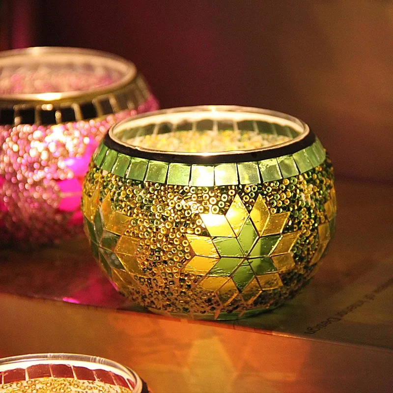 Bohemian Star Mosaic Glass Candlestick, Decorative Tealight Holder for Party & Wedding Table Centerpiece
