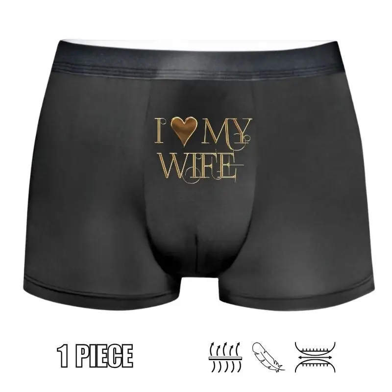 Celana Boxer Pria Motif Emas Romantis 'I LOVE MY WIFE' 1 Buah Ekspresi Kasih Kasual Sehari-hari Bahan Lembut dan Bernapas