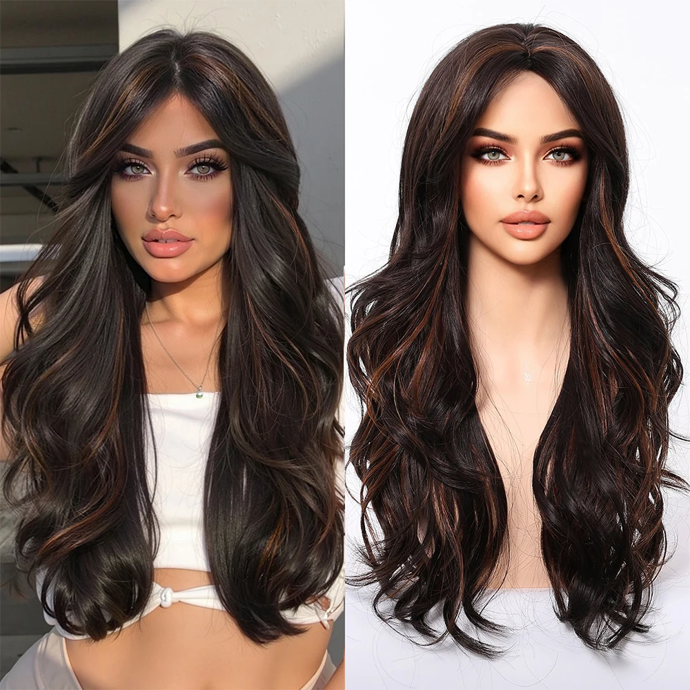 

Wavy Black Brown Synthetic Wigs with Side Bangs for Women Daily Use Natural Hair Cosplay Long Curly Heat Resistant Fiber Wig