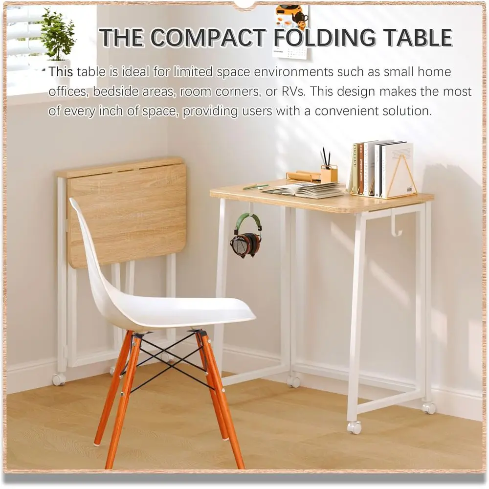 Compact Rolling Desk for Home Office, Foldable Study Table with Wheels - Natural & White