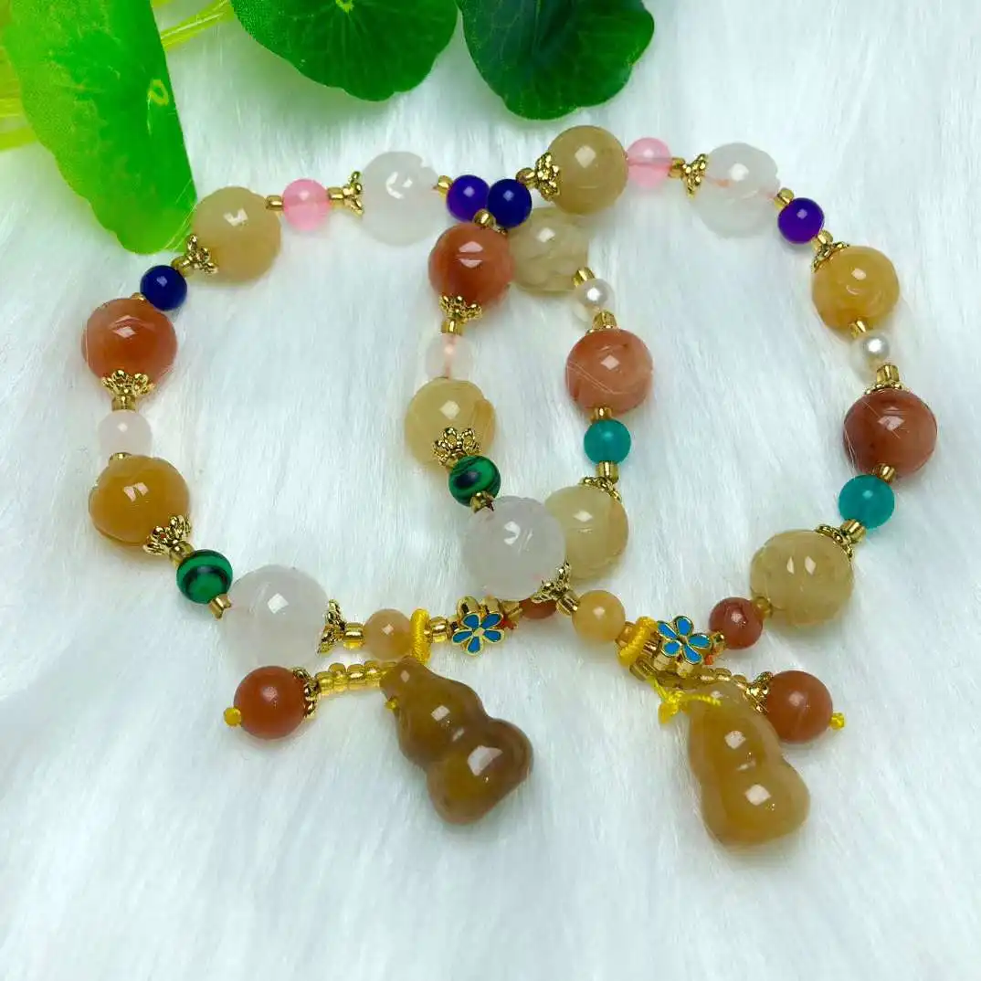 Fashion Natural Lighter Imperial Jade Yellow Lotus Beads Hulu Hanging Bracelet For Women Men Jewelry