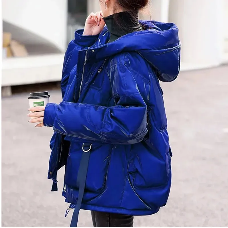 Glossy Down Cotton Jacket Women 2024 Winter New Thicken Padded Parkas Coat Women Warm Hooded Jackets Fashion Loose Short Outwear