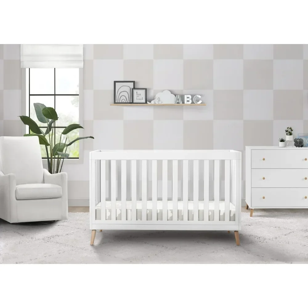 New Children Essex 4-in-1 Convertible Baby Crib, Bianca White with Natural Legs Durable Build Stable Performance Easy to Use