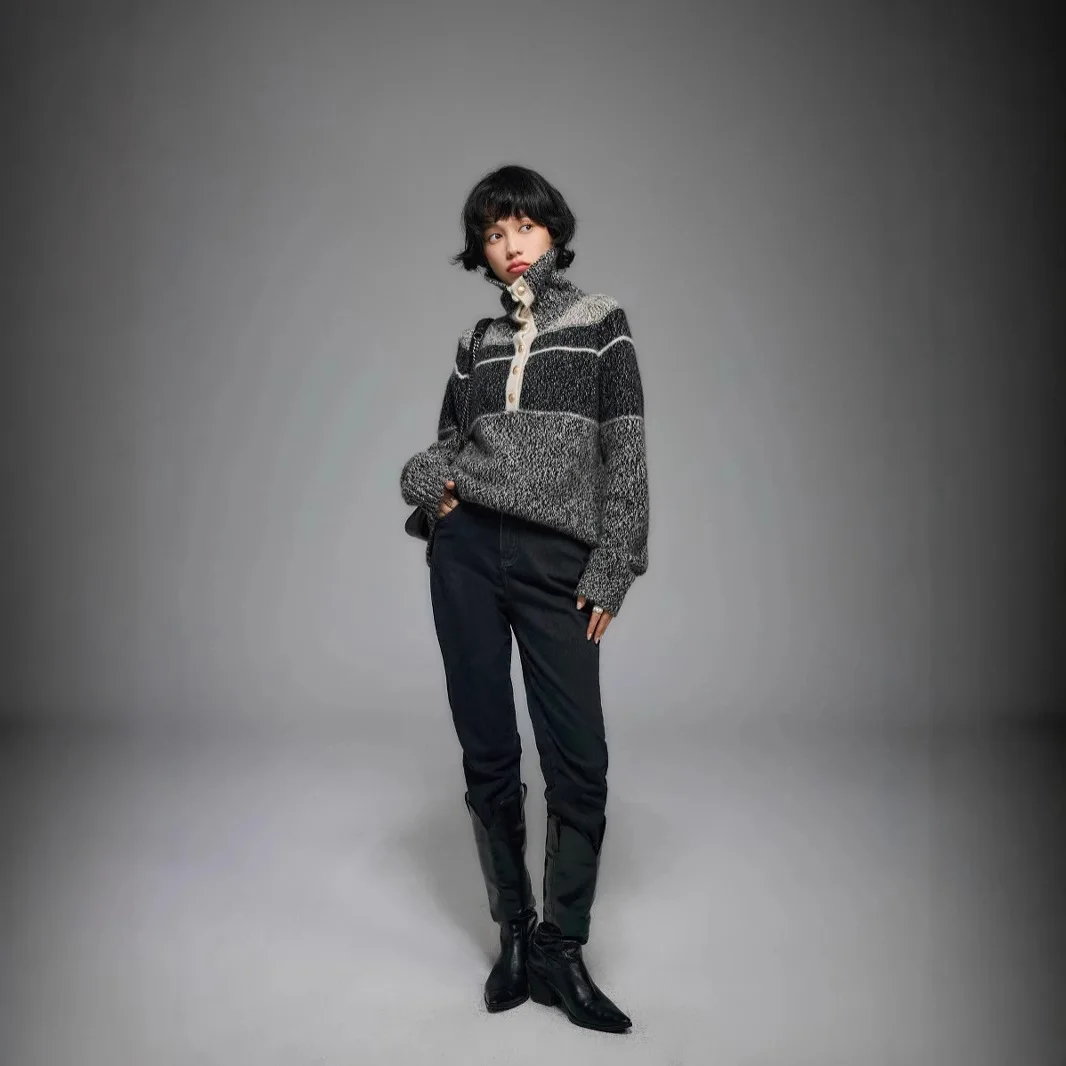 100% кашемир, универсальный французский воротник с акцентом, серый цвет, контрастный свитер, вязаный свитер