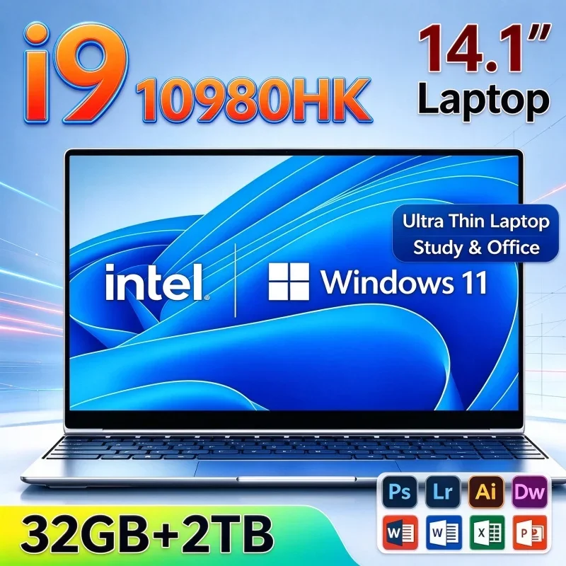 14.1'' Inch FHD Ultra Slim Laptop Intel I9 10980HK 32GB RAM 1TB 2TB SSD Windows 11 Portable Notebook For Office Gaming Daily Use