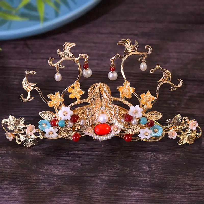 Womens Gold-plated Crane With Flowers And Imitation Jade Fringe Hairpin Set Chinese Hanfu Headwear