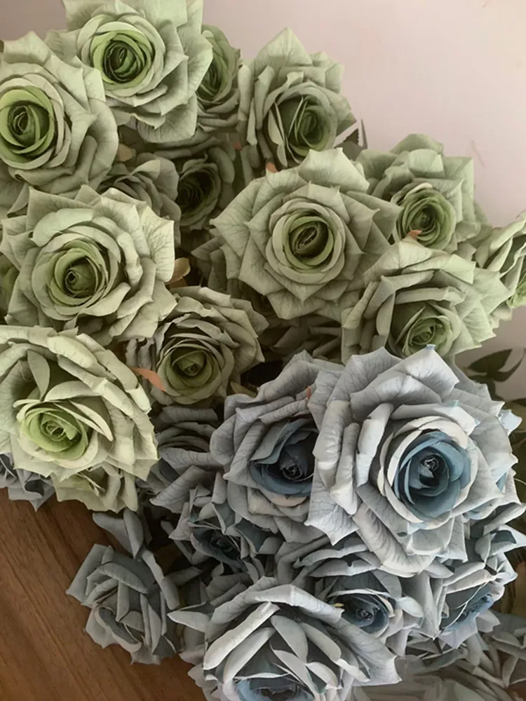7 Köpfe Rosenstrauß Künstliche Blume Dunst Blauer Salbei Grüner Bohnenpaste Grüne Gefälschte Rose Retro Wohnzimmer Dekoration Hochzeit – Detail 3