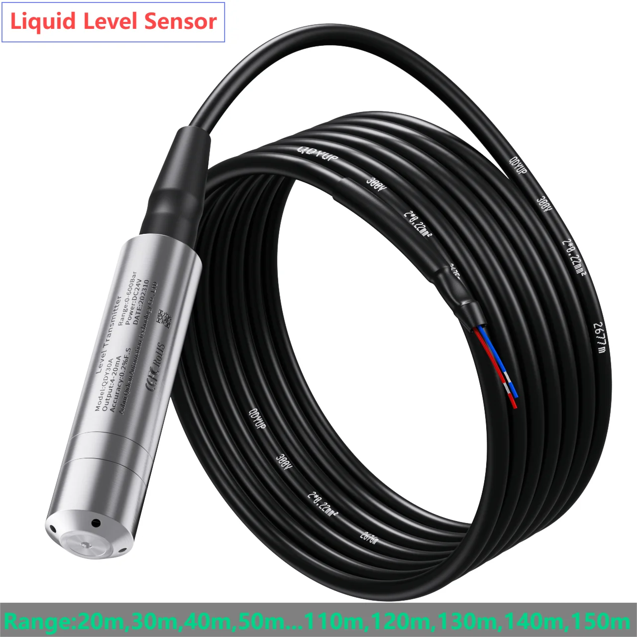 Sensor de nivel de líquido, transmisor de 4-20Ma, 0-10V, 0-5V, 0-3,3 V, transductor de nivel de líquido, DC24V, DC5V, 50M, 70M
