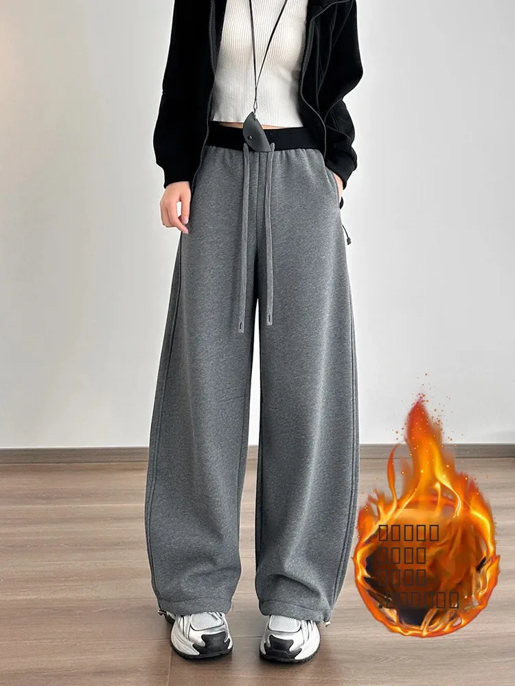 

Женские спортивные брюки с высокой талией и широкими штанинами, на флисовой подкладке, утепленные, осенне-зимние, новые, свободные, струящиеся, стройнящие брюки