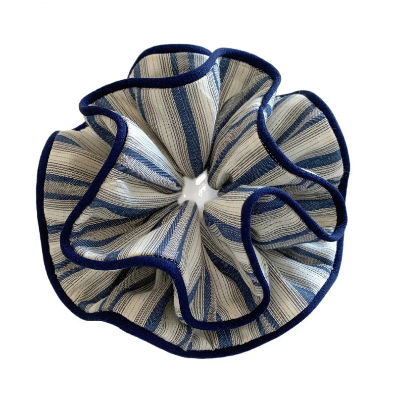 Korean Navy Blue Striped High Ponytail Headband