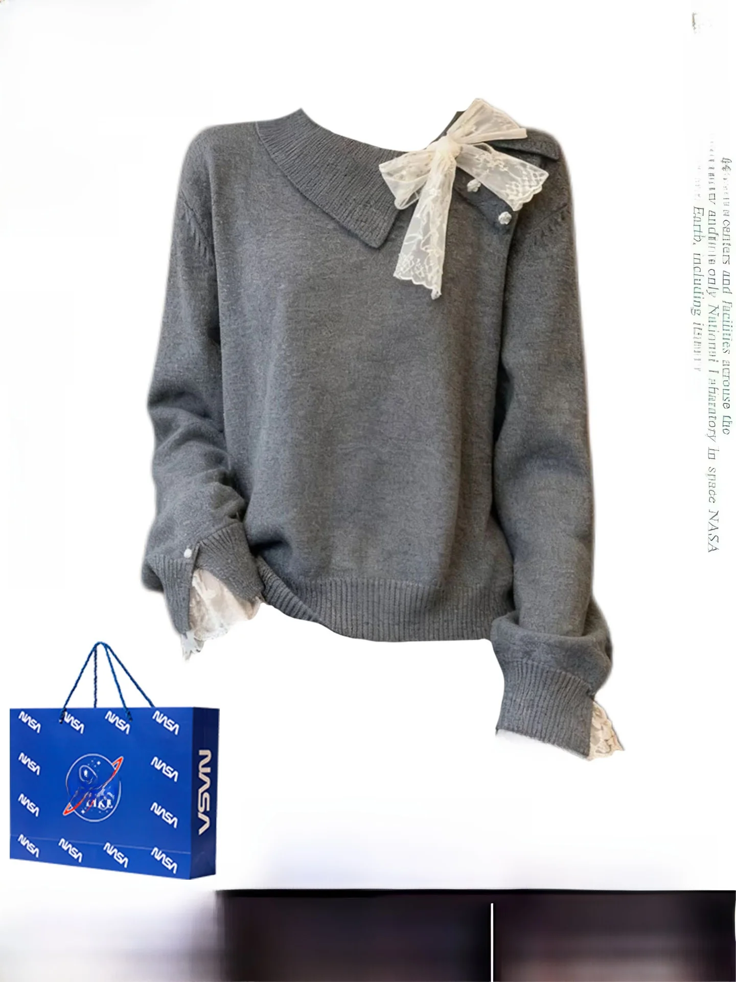 

Женский вязаный свитер с длинным светом и кружевом в стиле ретро, дизайн с узлом, осень-зима, новый свободный крой, повседневный топ