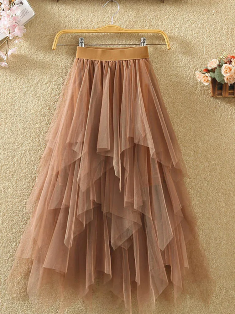 Women irregular Tulle Skirts Fashion Elastic High Waist Mesh Tutu Skirt Pleated Long Skirts Midi Skirt Saias Faldas Jupe Femmle