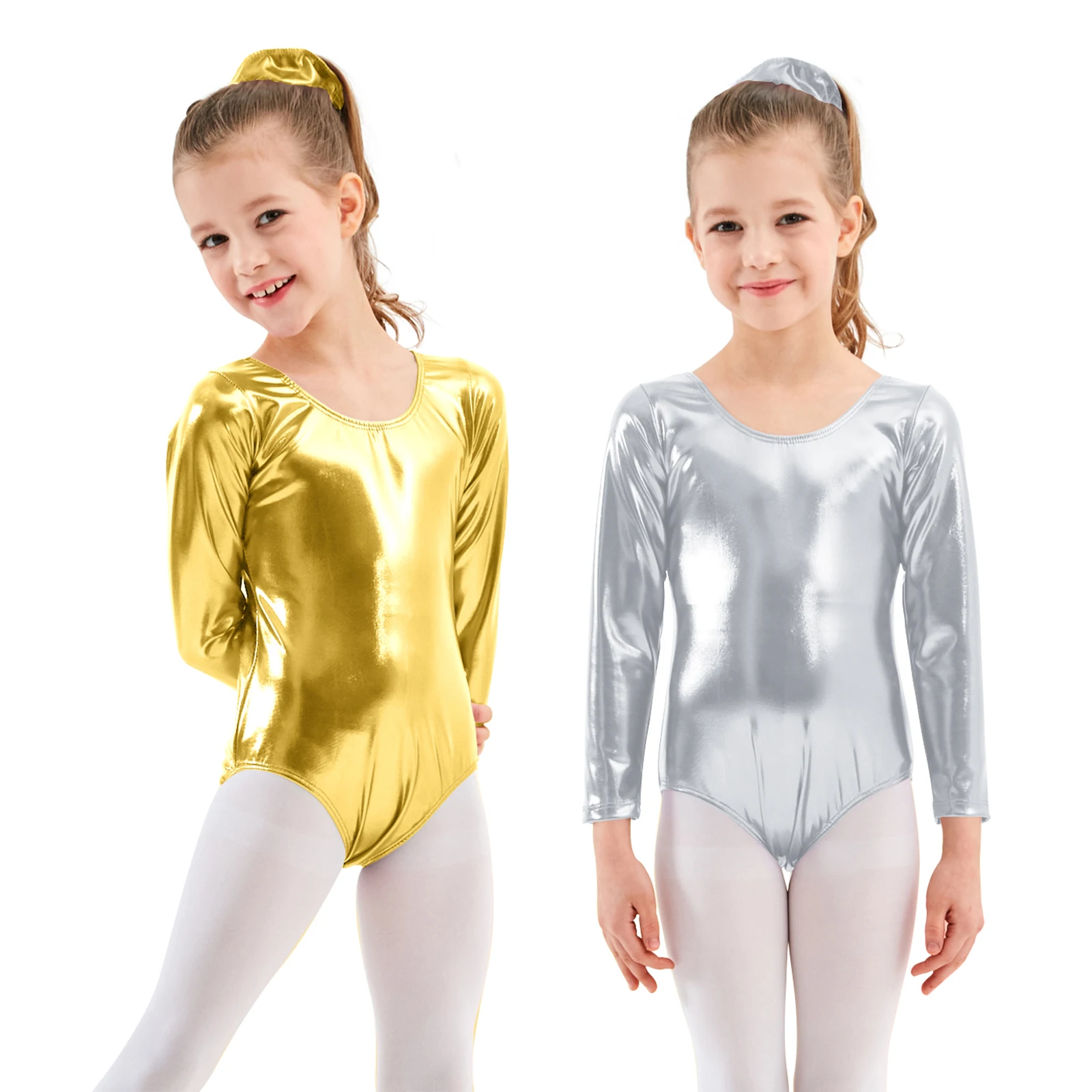 AOYLISEY Ballet Dance Shinny Metallic Leotards for Girls Gymnastics Bodysuit Long Sleeve Gold Rombers Spandex Costume Kids Wear