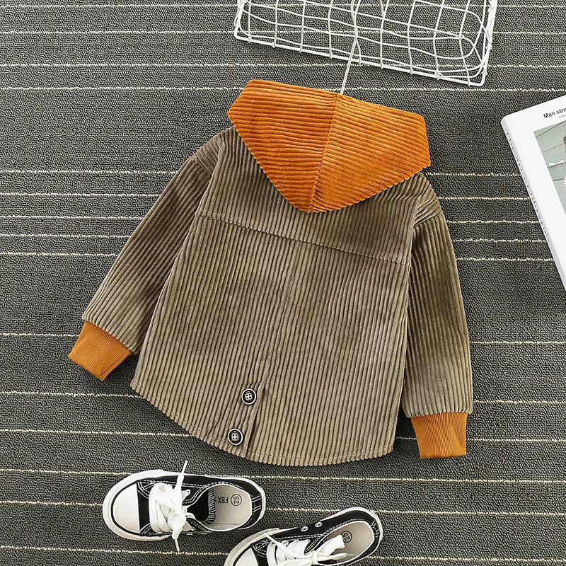 2024New Spring Autumn Children Hooded Coats Korean Style Cardigan Boys Corduroy splicing Loose Jackets Baby Toddler Outwear 0-4Y