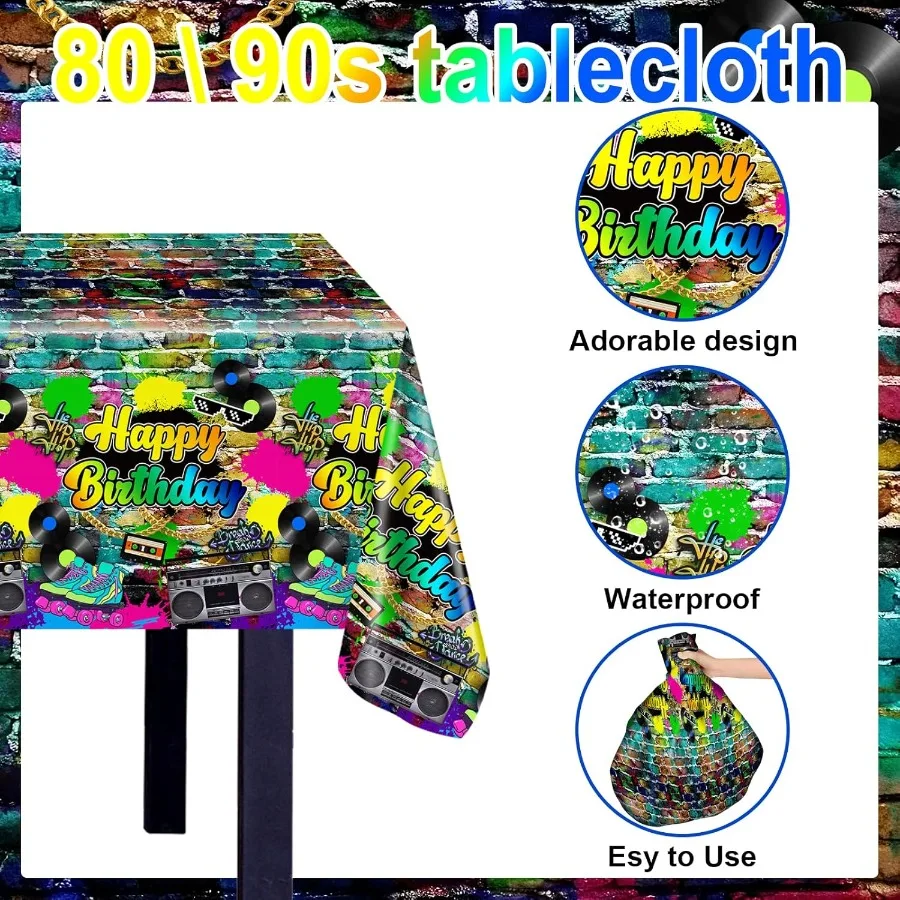 3 pcs 80s Party Tablecloth Hip Hop Birthday Party Decorations Plastic Disposable Table Cover 80 90s Theme Birthday Party Suppli