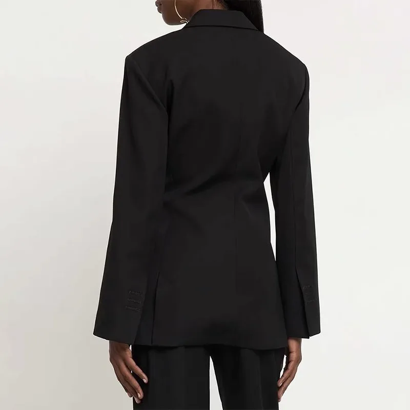 Women Black Wool Suit Set Shoulder Pad Diagonal Double Breasted Blazer Flared Pants 2 Piece Outfit