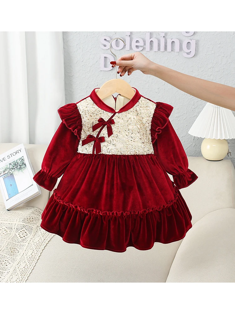 Girl\'s Princess Sequin Dress Winter Children Baby Infants Kids Velvet Thickened Bow Red Birthday Christmas New Year