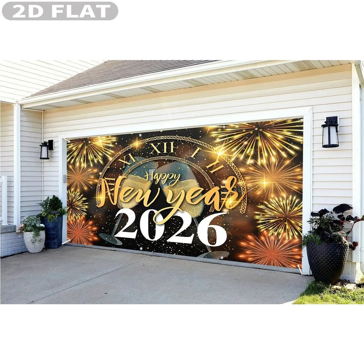 1 قطعة 6x13ft السنة الجديدة 2026 حفلة باب المرآب ديكور البوليستر الذهبي الكلاسيكية ساعة الشمبانيا نظارات تألق غطاء باب المرآب #5