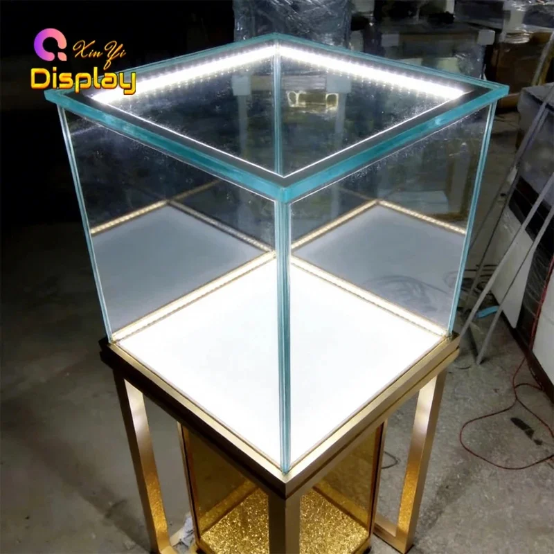 custom.Modern High-end Freestanding Jewelry Display Tower with Glass Top LED Lighting Polished Mirror Base Luxury