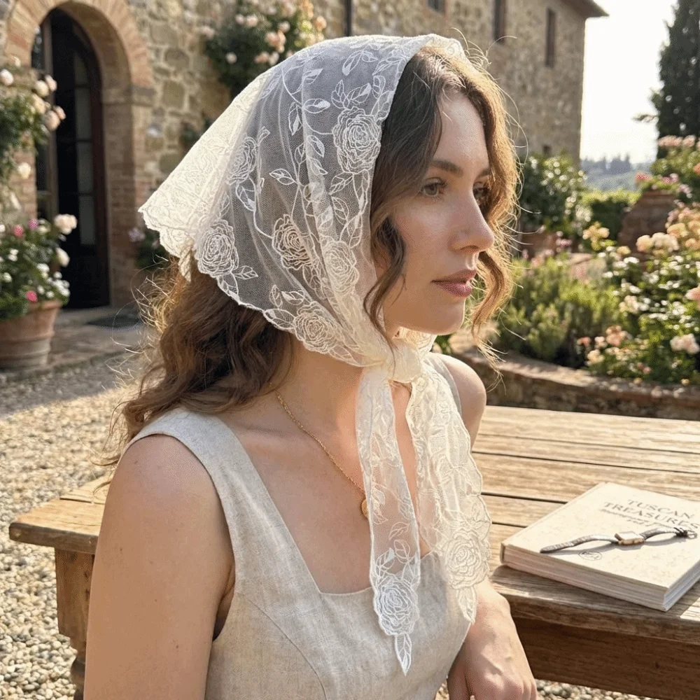 

Breathable Mesh Rose Scarf Three-Dimensional Rose Lace Design Triangle Scarf Lightweight Elegant Mesh Headscarf Summer