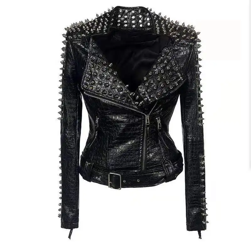 Winter multi rivet short PU leather coat long sleeve jacket fashion women punk Rock black leather cl