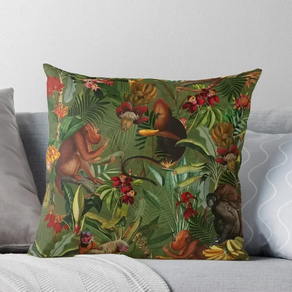 

Tropical monkey jungle pattern - dark green Botanical Night Garden Throw Pillow Decorative Cushions pillow