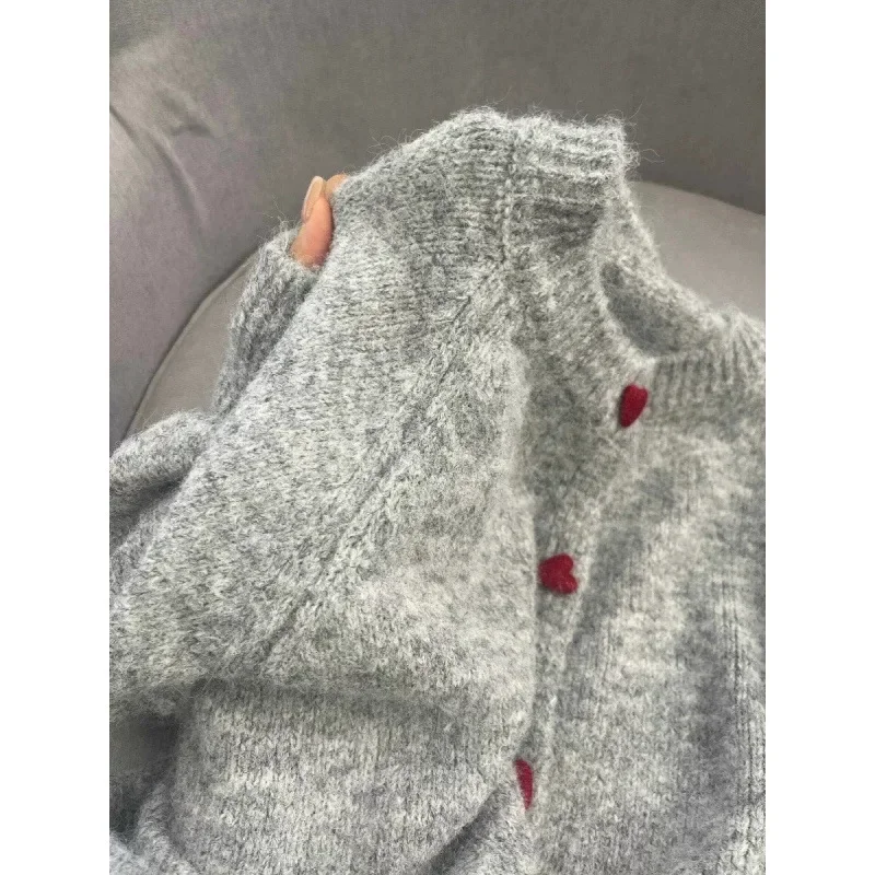 Grey Heart Button Sweater Jacket Women's Autumn 2024 New Loose-Fit Round Neck Knitted Cardigan Top Crew Neck Pattern