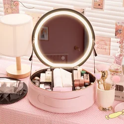 Round Cosmetic Case with Mirror LED Light Women Ladies Wash Bag Waterproof Large Capacity PU Leather Fashion Makeup Storage Box