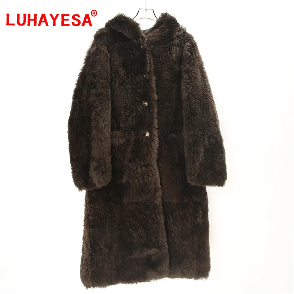 2024 Luhayesa New Mosna Lamb Sheepskin Fur Shearling Clothes Women Extra Long Real Fur Overcoat